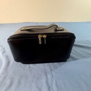 Black Faux Leather Makeup Bag Organizer Case Vanity Travel Handle Zipper